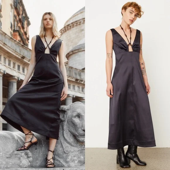 GANNI Satin Beaded Crisscross Halter Tie V-Neck Empire Waist Sleeveless Dress S - Picture 1 of 14